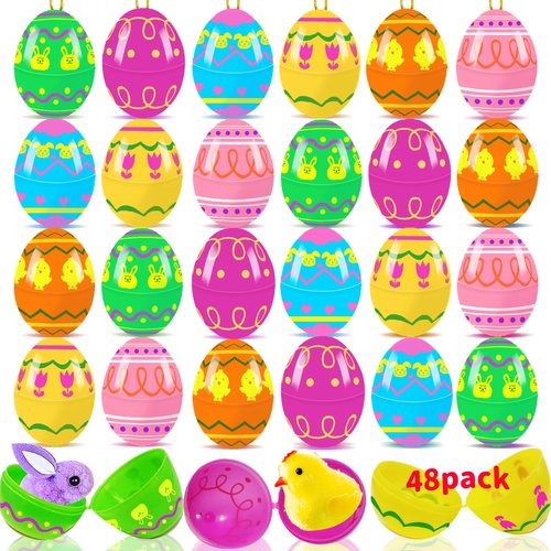 Blvochnnt 48 Pcs Fillable Easter Eggs,Plastic Empty Eggshell Hangable Egg Bulks for Easter Hunt,Filling Treats,Party Favor,Basket Stuffers,Classroom Prize Supplies,2.36 inch,Printed Bright Colors