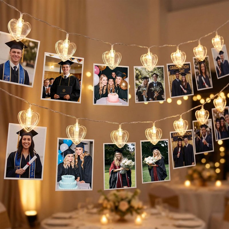 20 Photo String with Clips for Hanging Pictures,9.85Ft Clear Photo Clip Lights for Indoor/Outdoor Wall Bedroom Wedding Birthday Party Home Decorations (Heart)