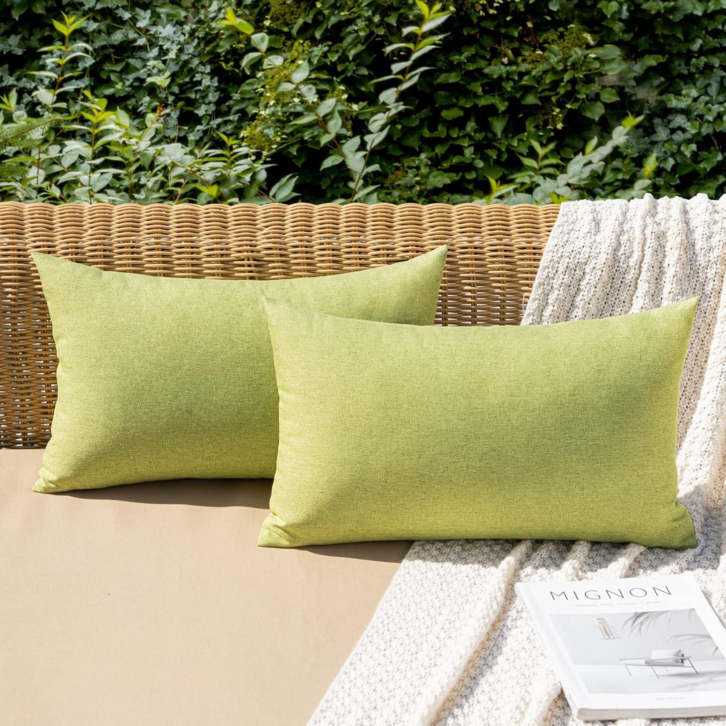 MIULEE Waterproof Outdoor Throw Pillow Covers - Pack of 2 Faux Linen Cushion Cases | 20x12 Inch Moss Green