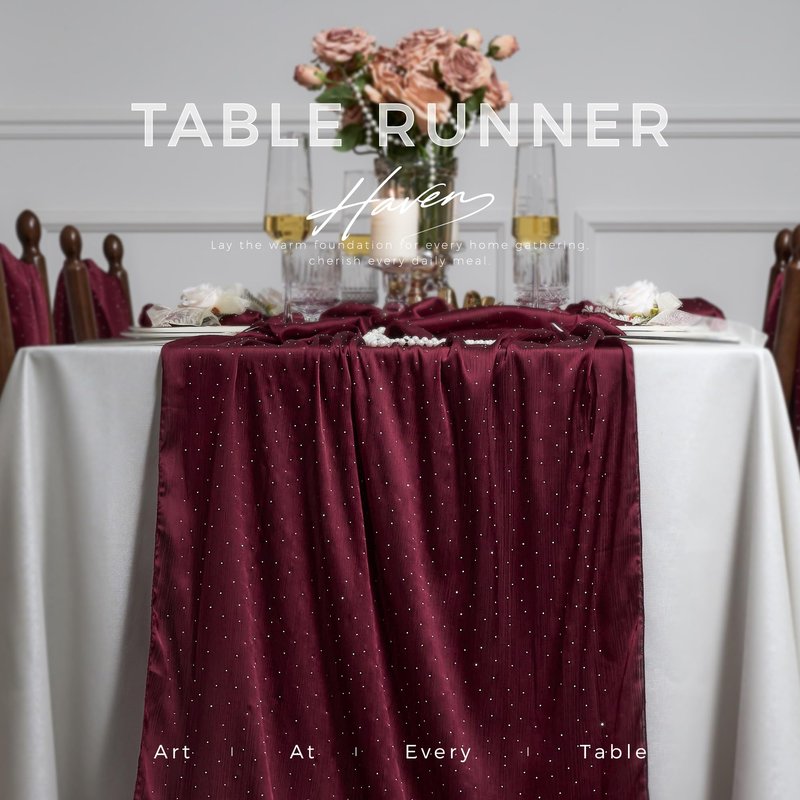 Leetaltree Dazzle Table Runner with Hot-fix Rhinestones-Luxury Scarf Table Runner 120 Inch 10FT -Elegant Gift Set with Card for Wedding,Christmas, Baby Shower,Holiday & Home Decor (Burgundy, 1 Pack)