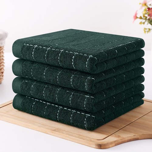 Homaxy 100% Cotton Terry Kitchen Towels(Blackish Green, 13 x 28 inches), Checkered Designed, Soft and Super Absorbent Dish Towels, 4 Pack