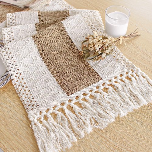 FEXIA Boho Table Runner 48 Inches Long with Tassels Christmas Thanksgiving Farmhouse Home Decor Rustic Cream & Brown Macrame Table Runner for Dining Bedroom Baby Bridal Shower Decor(12x48 Inches)