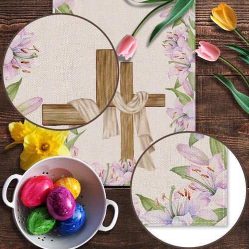 He is Risen Table Runner Easter Christian Cross Resurrection Lily Flower Spring Holiday Party Kitchen Dining Home Decor