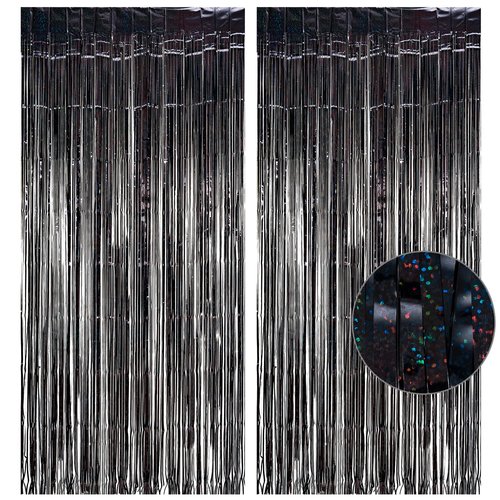 Black Tinsel Curtain Party Backdrop - GREATRIL Party Streamers Backdrop Foil Fringe Curtains for Birthdays/Wizard Halloween Decorations - 1m x 2.5m - Pack of 2