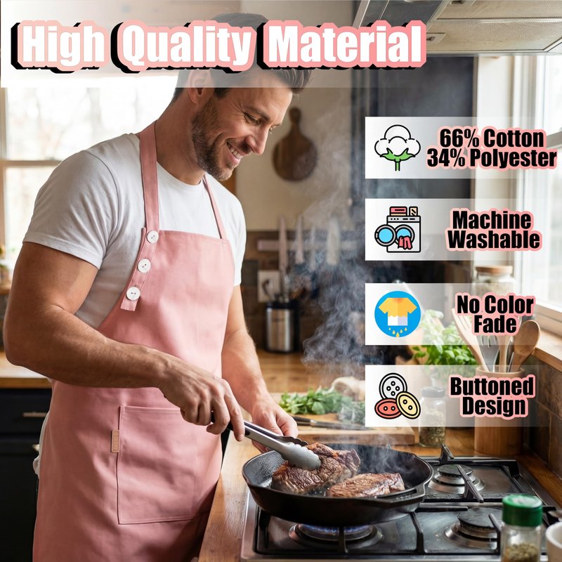 TOSHE Kitchen Apron Waterdrop Resistant Cotton Apron with adjustable Aprons for Women with Pockets 10 Color option Cooking Powder Pink Apron (Powder Pink)