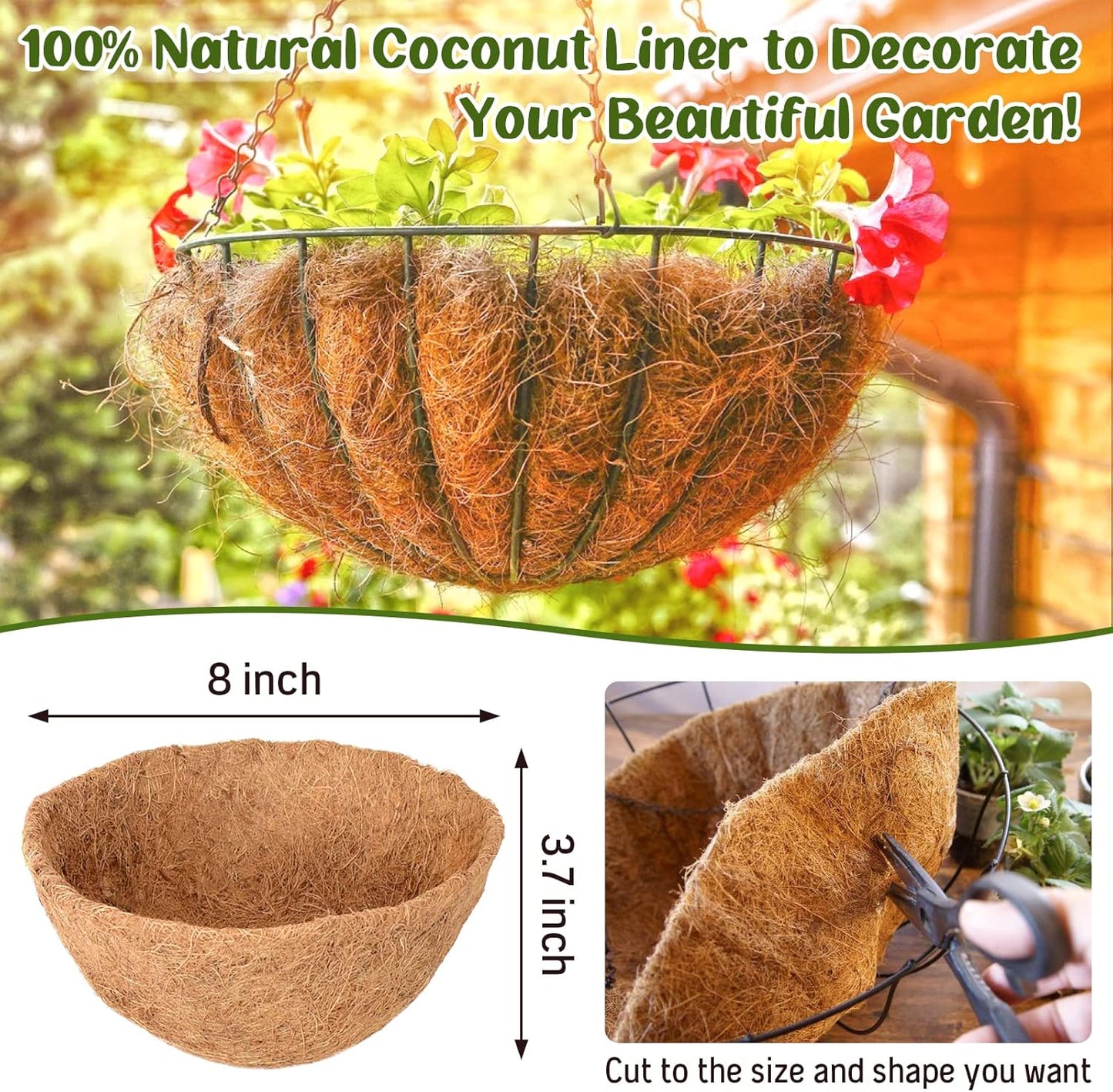 Legigo 8-Inch Coco Fiber Hanging Basket Liners - 100% Natural Coconut Replacement for Flowers & Vegetables