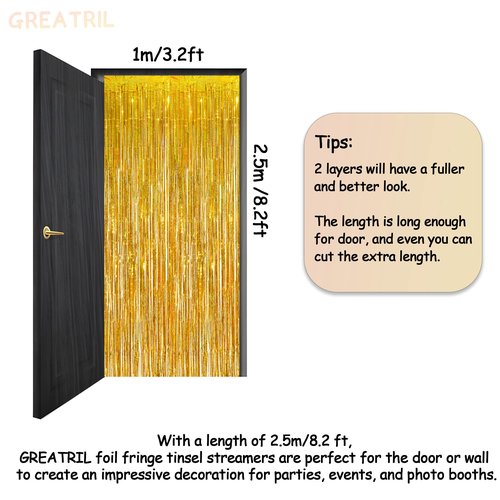 Gold Fringe Curtain Tinsel Backdrop - GREATRIL Foil Fringe Curtain Party Streamers for Prom 2026 NYE New Years Eve Birthdays Christmas Theme Party Decorations Pack of 2
