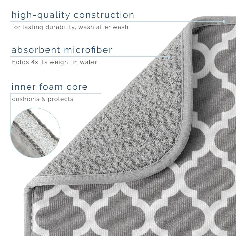 S&T INC. Dish Drying Mat, 16” x 18”, Absorbent Microfiber Kitchen Counter Mat, Dish Drying Pad for Dishes, Utensils, Pots and Pans, Large, White Trellis