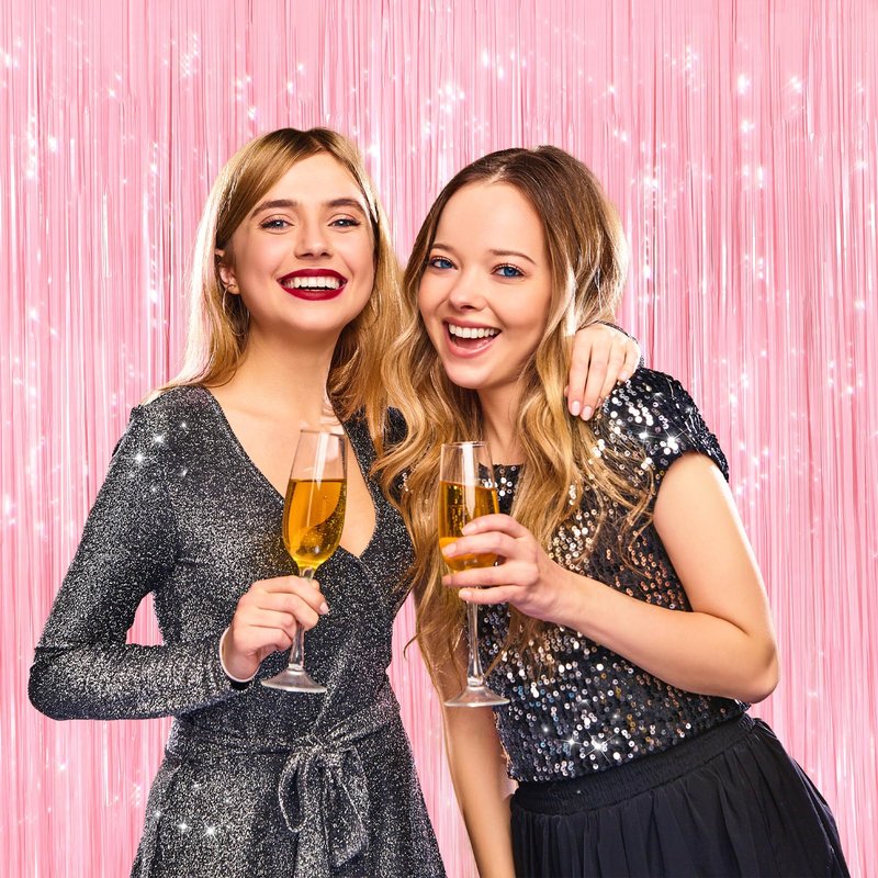 2 Pack Pastel Pink Metallic Tinsel Foil Fringe Curtains, Door Streamers Photo Booth Backdrop for Birthday Party, Tinsel Curtain Backdrop for Baby Shower Bachelorette Christmas Party Decorations