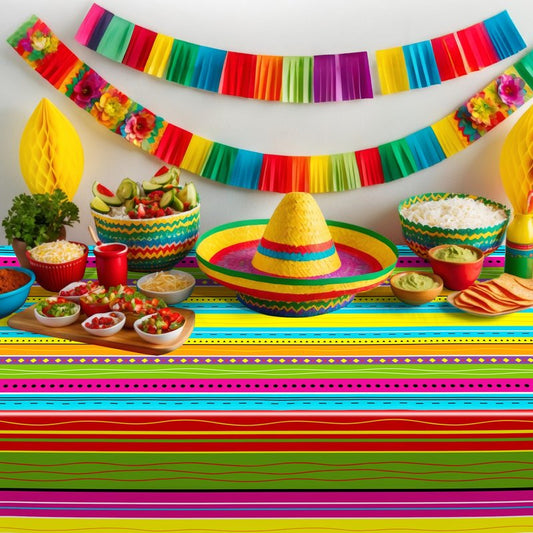 6 Pcs Mexican Party Decorations, 54"X108" Disposable Fiesta Tablecloths, Colorful Mexican Striped Tablecover Plastic Tableware Fiesta Decor for Cinco De Mayo, Taco Night, Mexico Themed Party Supplies