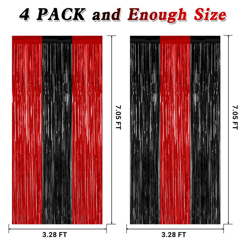 4 Pack Halloween Wall Backdrop, 3.28 FT x 7.05 FT Red and Black Party Streamer, Metallic Tinsel Curtains Fringe Backdrop Foil Streamer, Halloween Hanging Decor Casino Theme Party Decorations