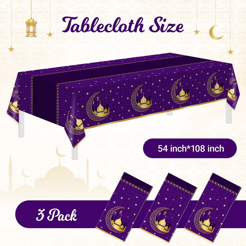 Childom 3 Pack Ramadan Table Cloth,Ramadan Decorations for Home,54" x 108" Eid Mubarak Decorations,Eid Ramadan Tablecloth Rectangular,Purple Plastic Table Cloth Disposable Table Cover for Party Favors