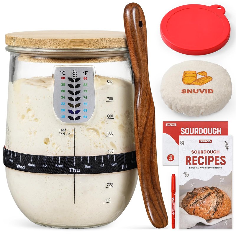 Snuvid 1 L (34 oz) Sourdough Starter Jar Kit, Wide Mouth Potbelly Crock - Glass Sour Dough Starter Bread Jar Set - Sourdough Baking Supplies - Sour Dough Bread Accessories Gifts for Sourdough Lovers