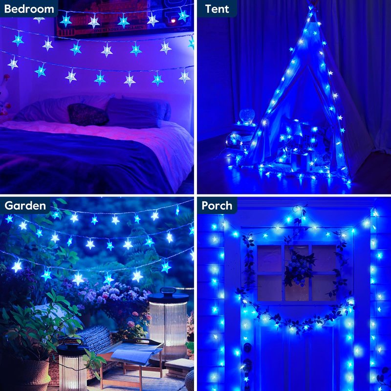 Minetom Blue and White Star String Lights Plug in - 33 ft 100 LED Star Fairy String Lights with Remote and Timer, 8 Modes Waterproof for Tent Loft Bed Backyard Patio Balcony Staircase