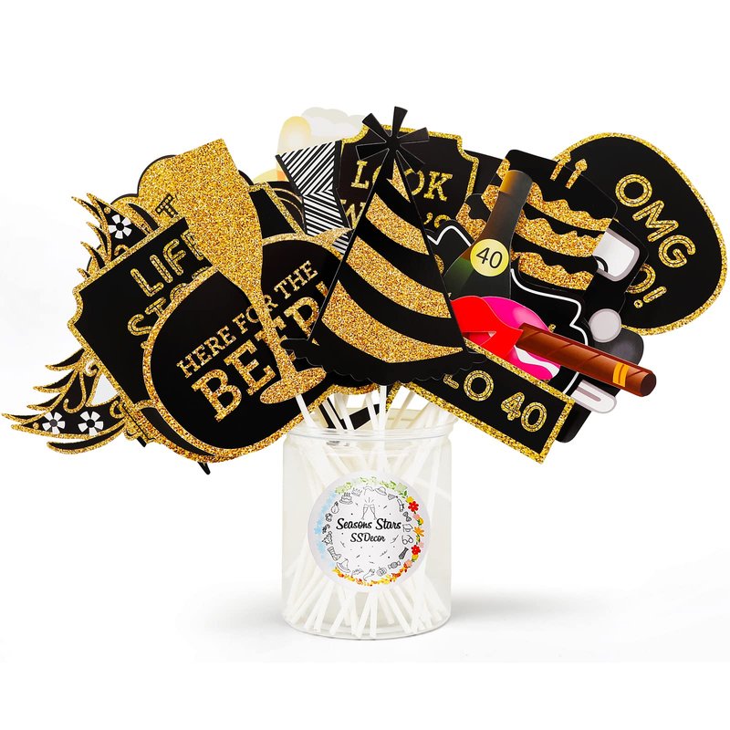 40th Birthday Photo Booth Props - 41 Pcs Black and Gold Decor, Funny Milestone Party Supplies for Men & Women, Retro 1986 Theme Selfie Station Accessories for Surprise Party, 40th Celebration Bash