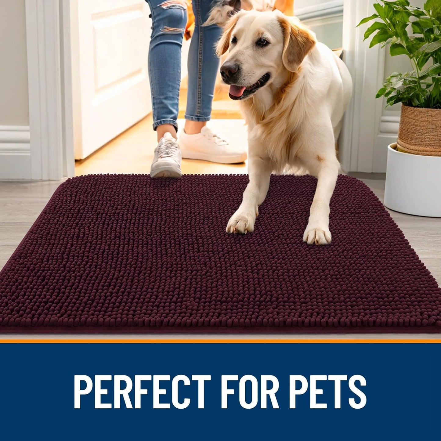 OLANLY Dog Door Mat - Absorbent Non-Slip Chenille for Muddy Paws | 59x35 Inches, Quick Dry, Russet