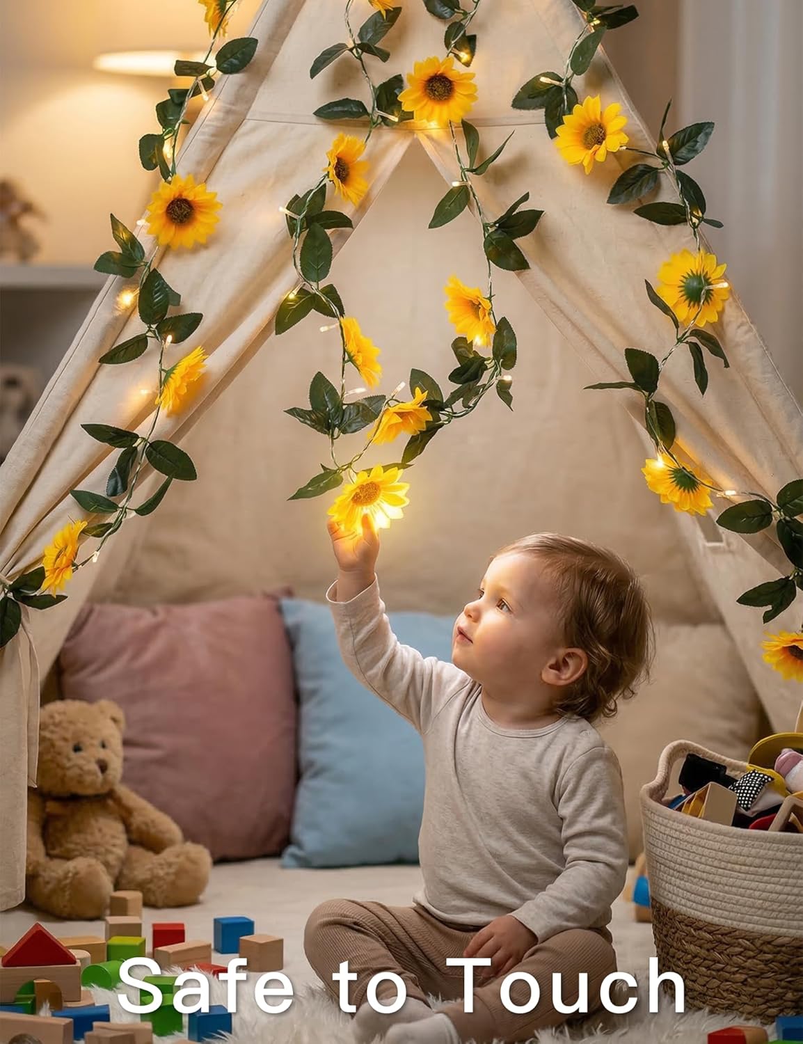 Suddus Artificial Sunflower Garland - 60 LED Fairy Lights | Battery Operated Indoor/Outdoor Decor (Warm White)