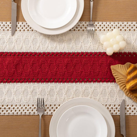 Socomi Boho Table Runner Easter Spring Farmhouse Rustic Dining Kitchen Centerpiece Decor Small Macrame Woven Cotton Linen Coffee Table Runner for Dresser Scarf Home Decor 12x60 in Red Ivory