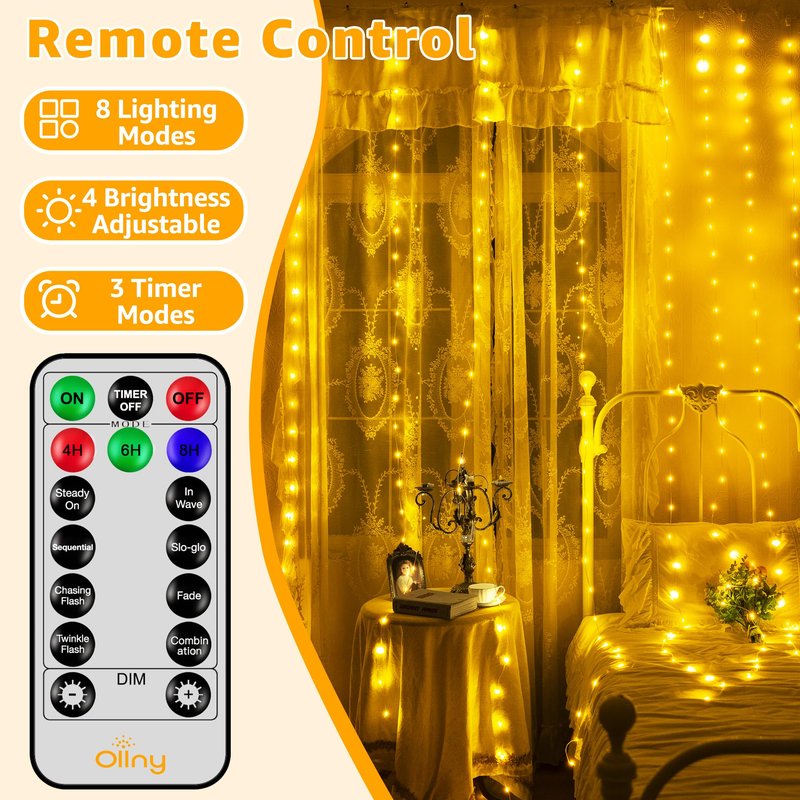 Ollny Curtain Lights 300LED 9.8ftx9.8ft, Connectable IP67 Waterproof Outdoor Curtain String Lights with Remote, Plug-in Untangle Fairy Lights with 8 Modes 3 Timers for Wall Backdrop Decor(Warm White)