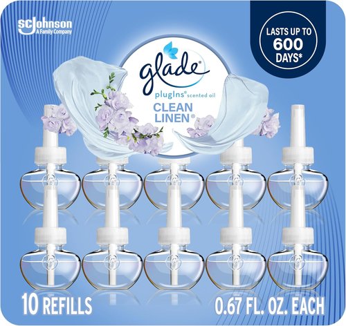Glade PlugIns Refills Air Freshener - Clean Linen Scented Essential Oils | 6.7 Fl Oz, 10 Count