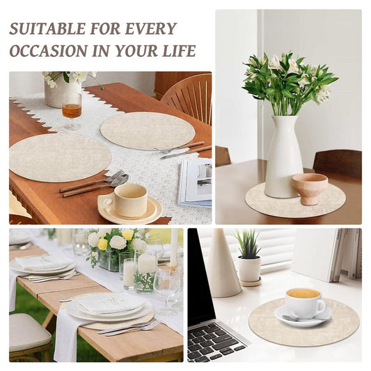 13" Round Placemats Set of 6, Reversible Faux Leather Heat Resistant Table Mats, 100% Waterproof Oilproof Wipeable Table Protective Placemats for Vinyl, Washable for Indoor & Outdoor Use (6, Beige)