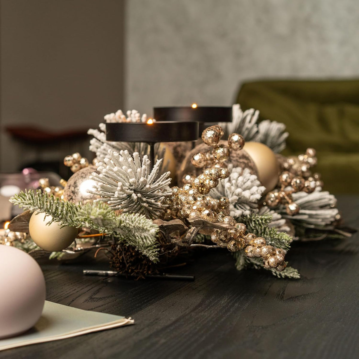 YULETIME 28" Christmas Triple Candelabrum - Elegant Holiday Candle Holder with Gold Baubles & Flocked Pine Needles