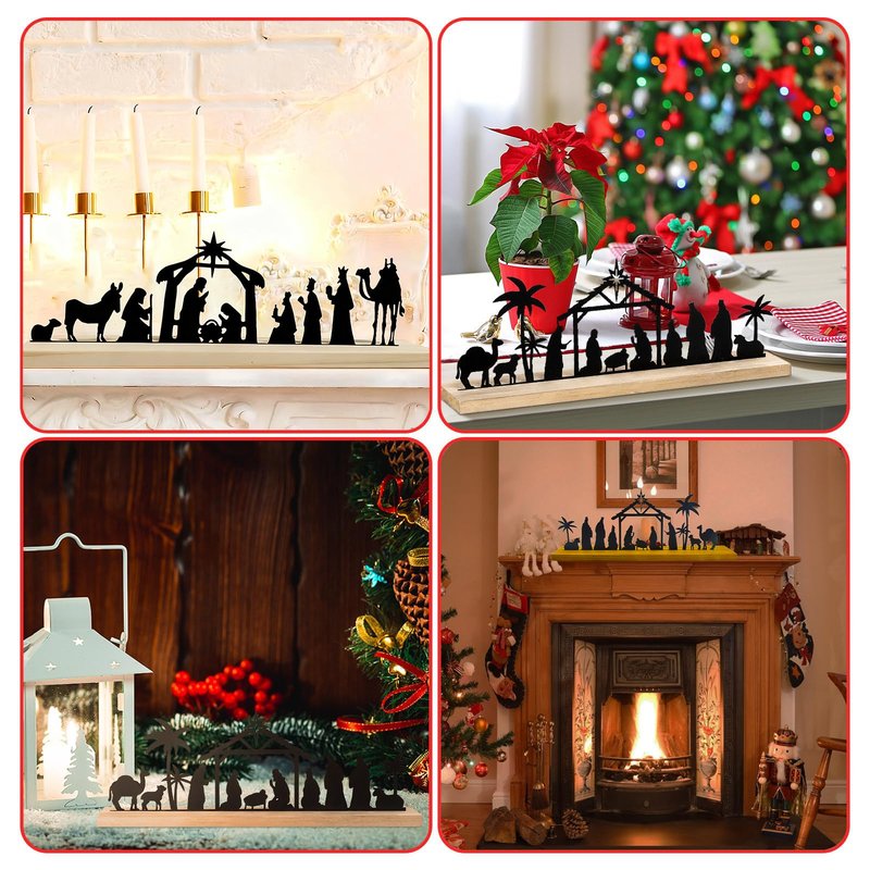 Akulgaci Metal Nativity Sets for Christmas Decorations Black Metal Nativity Scene with Wooden Base for Xmas Home Indoor Mantel Tabletop Office Kitchen Table Shelf Decor (Classic)