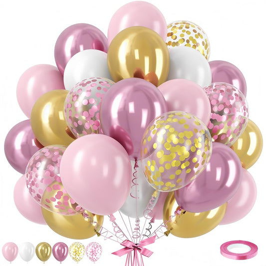 Pink Gold Balloons Set, 12 Inch Pink White Latex Balloons Pink Confetti Helium Balloons Pink and Metallic Gold Party Balloons for Bridal Baby Shower Wedding Girl Women Birthday Decorations