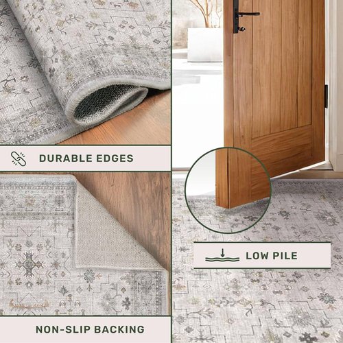 Boho Bathroom Rug by Light Grey | Modern Vintage Floral Design - Washable Non-Slip 2x4 Area Rug