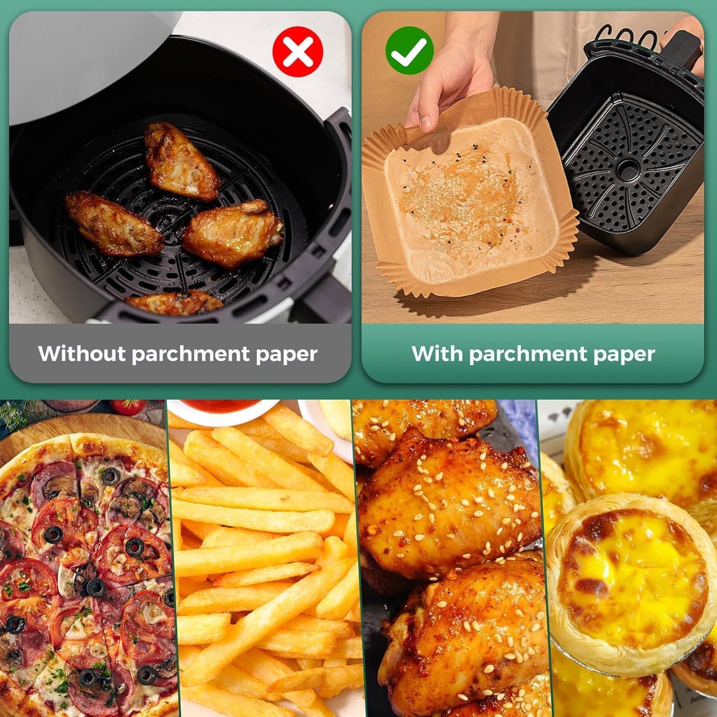 Skiennix Air Fryer Paper Liners - 1000 Pcs Heavy-Duty Disposable Parchment, 8" Square, Non-Stick & Grease-Proof