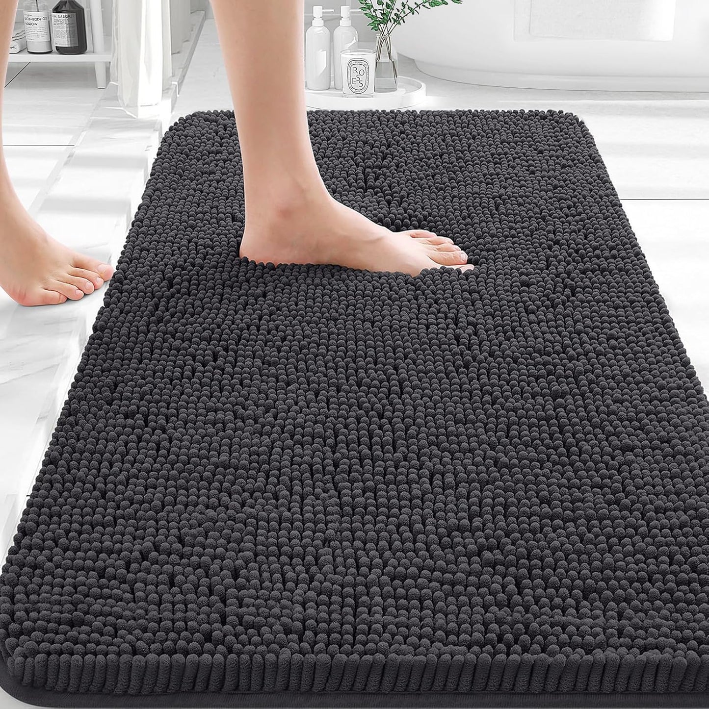 OLANLY Bathroom Rugs - Extra Soft Chenille Bath Mats with Rubber Backing | Quick Dry, Machine Washable, Dark Grey 35x24
