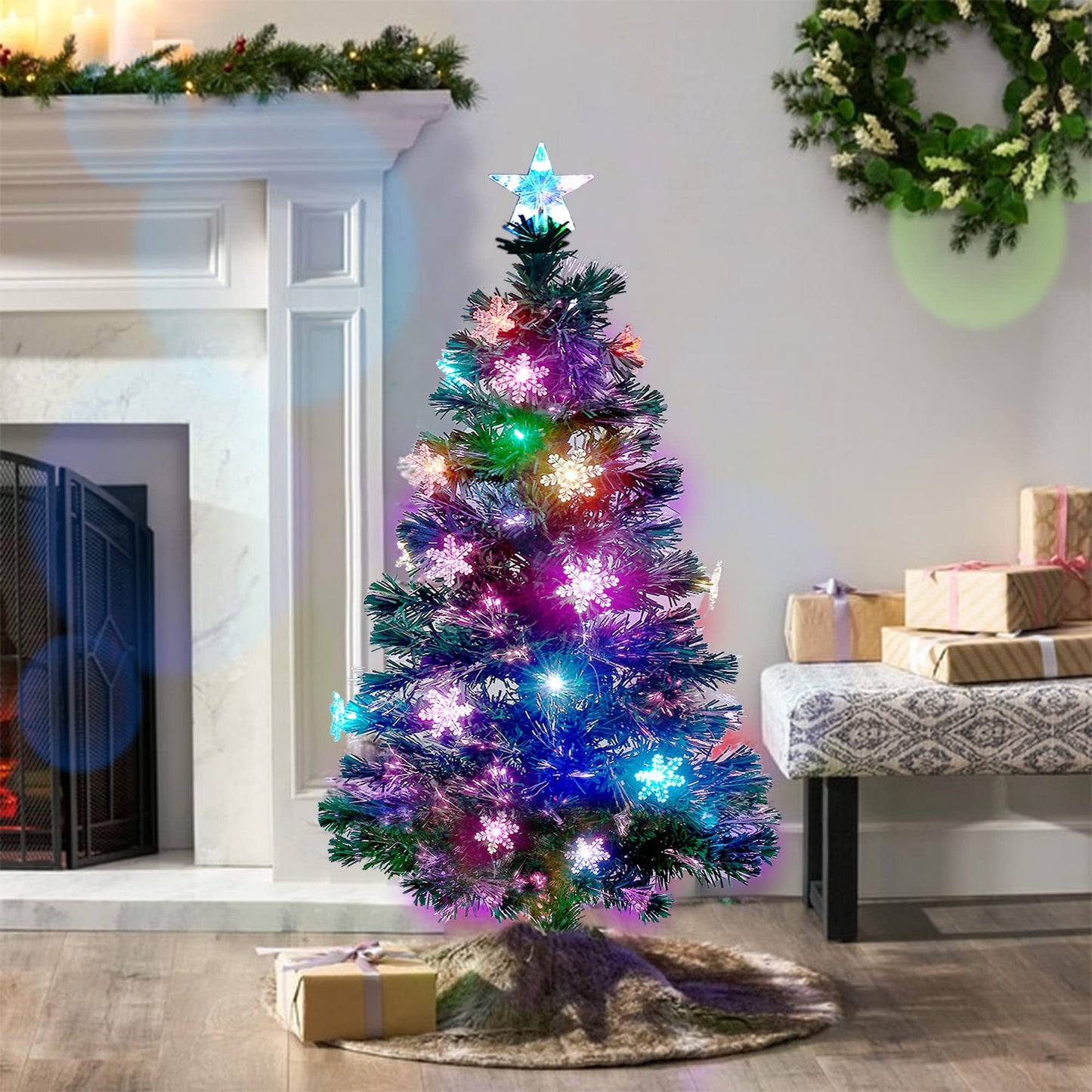 Juegoal 4 ft Pre-Lit Artificial Christmas Tree, Lighted Optical Fiber Xmas Trees with RGB Color Changing LED Lights, Snowflakes & Top Star, Festive Party Holiday Fake Multicolored Tree with Metal Legs