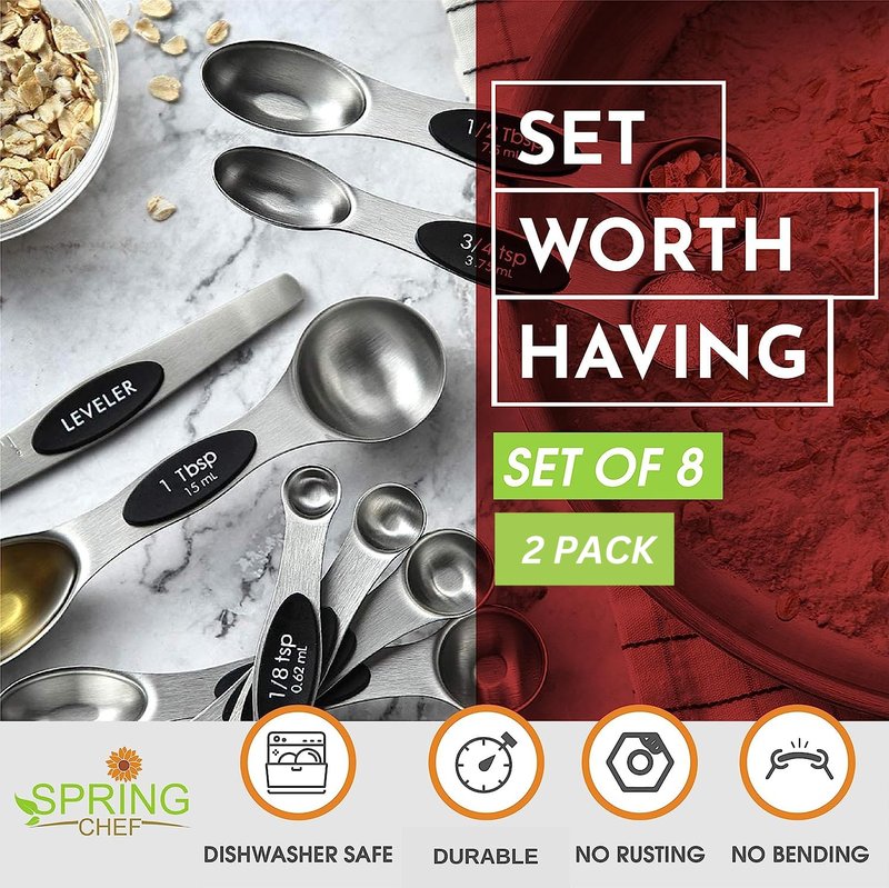 Spring Chef Magnetic Measuring Spoons Set, Dual Sided, Stainless Steel, Fits in Spice Jars, Teal, Set of 8, 2 Pack