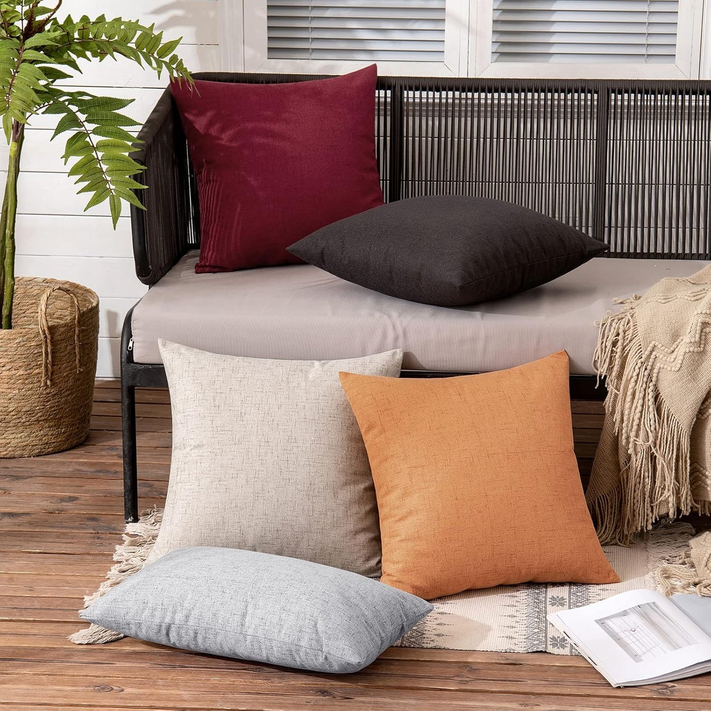 MIULEE Outdoor Throw Pillow Covers - Waterproof Decorative Linen Cushion Shams | 18x18 Inch, Burgundy Red - Pack of 2