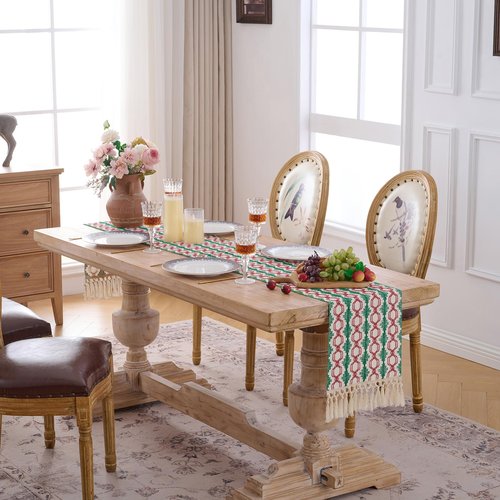 Fancy Homi Christmas Boho Cotton Polyester Table Runner 72 Inches Long, Farmhouse Macrame Table Runners with Tassels for Home Party Bohemian Rustic Bridal Shower Kitchen Dining Decor 12x72 Inches