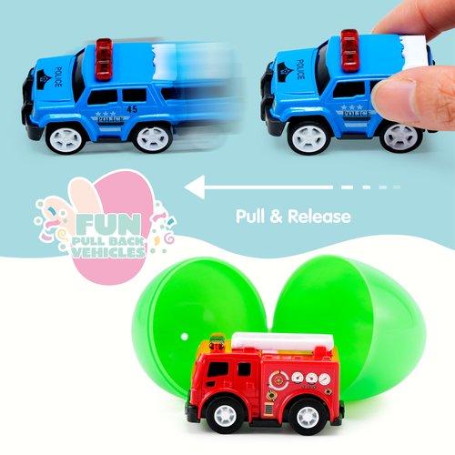 JOYIN 12 Pcs Prefilled Easter Eggs with Toys, Plastic Eggs with Cute Pull Back Cars, Easter Basket Stuffers, Party Favors for Kids, Classroom Prize Supplies