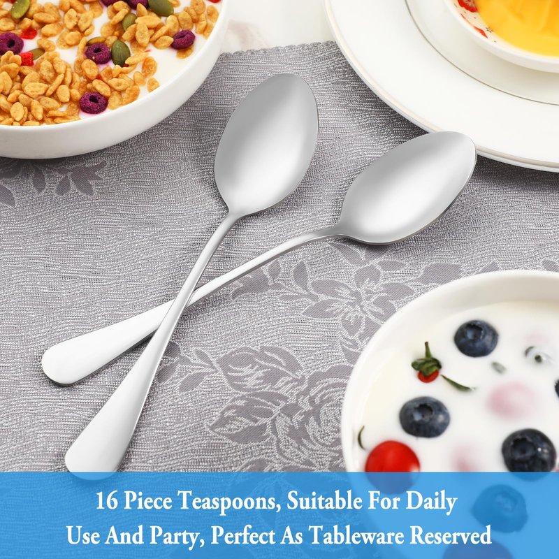 Teaspoon Set,16 Piece 6.7" Spoons Silverware, Premium Food Grade Stainless Steel Tea Spoons, Durable Small Spoon, Good Teaspoons, Kitchen Dessert Spoon Set, Mirror Finish & Dishwasher Safe