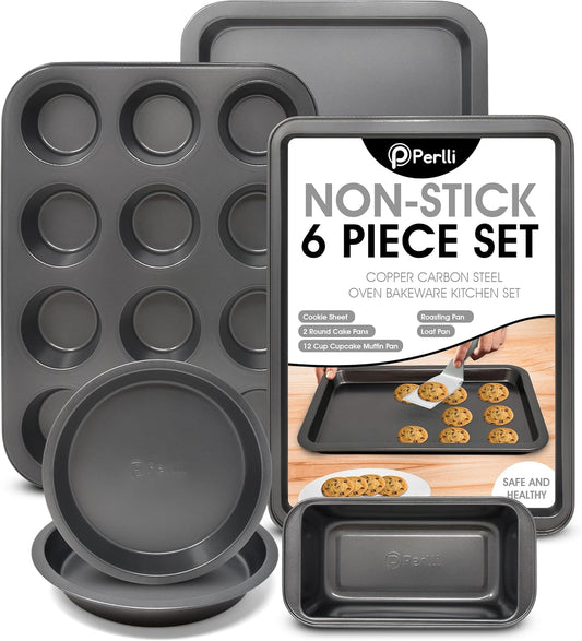 PERLLI Non-Stick Bakeware Set | 6-Piece Carbon Steel for Even Heat Distribution, Oven Safe to 446°F, BPA-Free, Dishwasher Safe - Gray