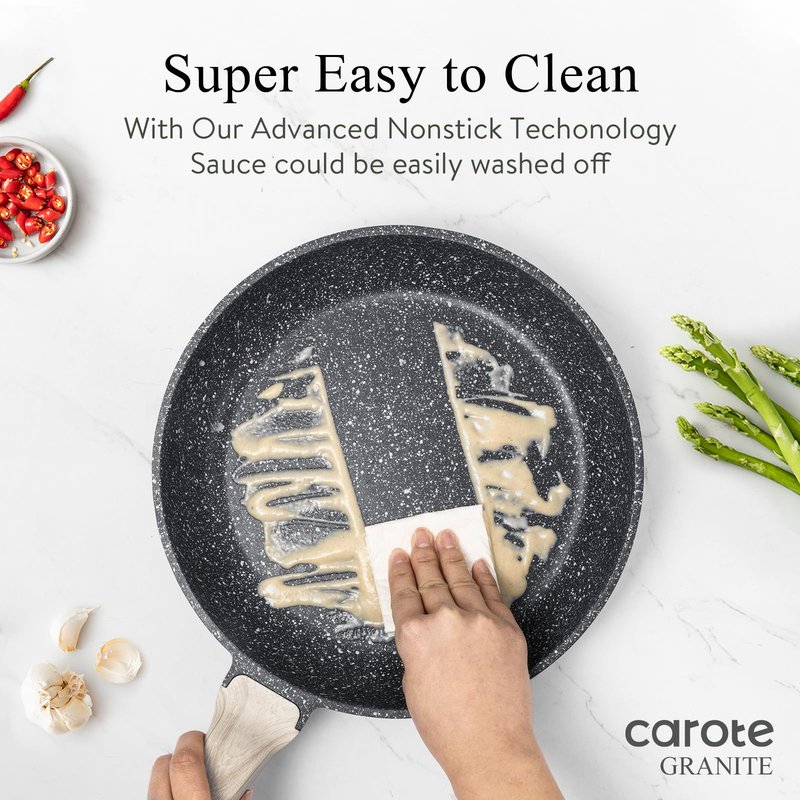 CAROTE Non Stick Frying Pan Skillet, Omelet Pan, Healthy Non Toxic Granite Chef Pan, Induction Compatible Egg Frying Pan with Heat-Resistant Handle, PFOA-Free