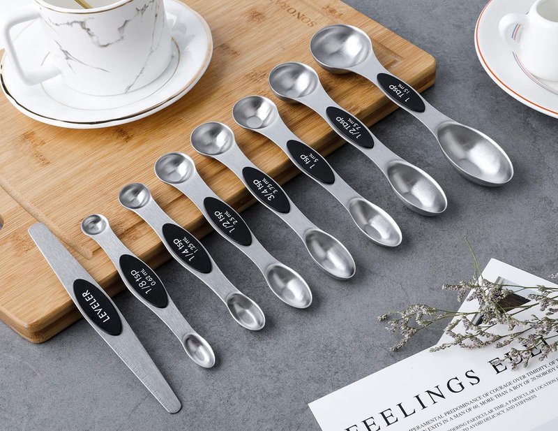 Magnetic Measuring Spoons Set of 8 Stainless Steel Stackable Dual Sided Nesting Teaspoons and Tablespoons for Measuring Dry and Liquid Ingredients