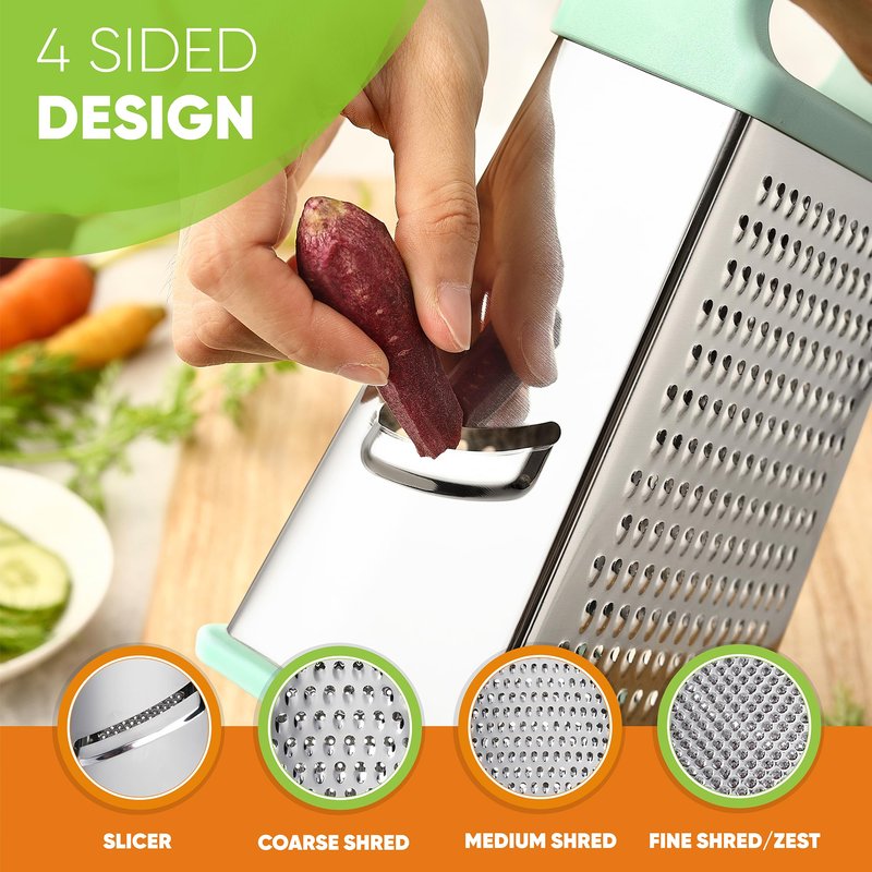 Spring Chef Professional Cheese Grater - Stainless Steel Box Grater for Kitchen, XL Size - Perfect 4 Sided Shredder for Parmesan Cheese, Vegetables, Ginger - Dishwasher Safe - Mint