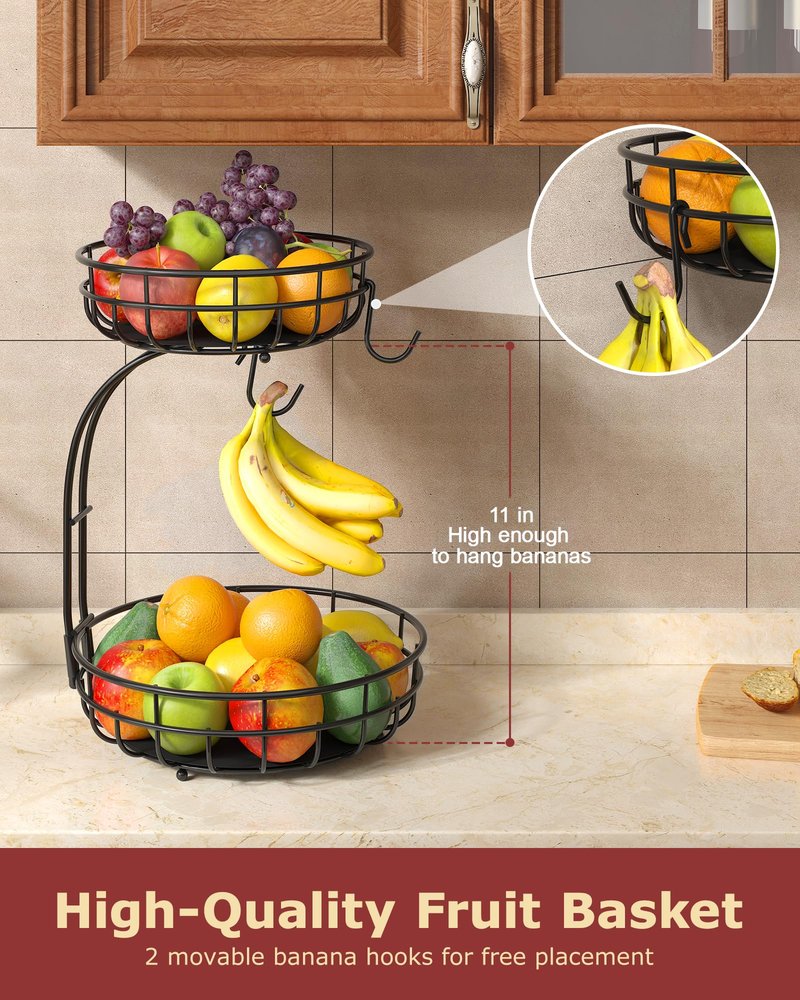 Sevenblue 2 Tier Large Fruit Basket for Kitchen Counter with Removable Banana Hanger - Sturdy Iron Fruit Bowl for Kitchen Counter and Vegetable Holder, Fruit Holder for Kitchen Countertop, Black