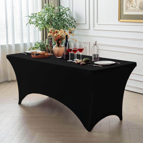 FOLINS&HOME Black 6ft Fitted Rectangle Tablecloth with Elastic, Water Resistant Washable Spandex Table Cover for 6 Foot Folding Tables, Stretch Table Cloth for Weddings, Banquets, Parties