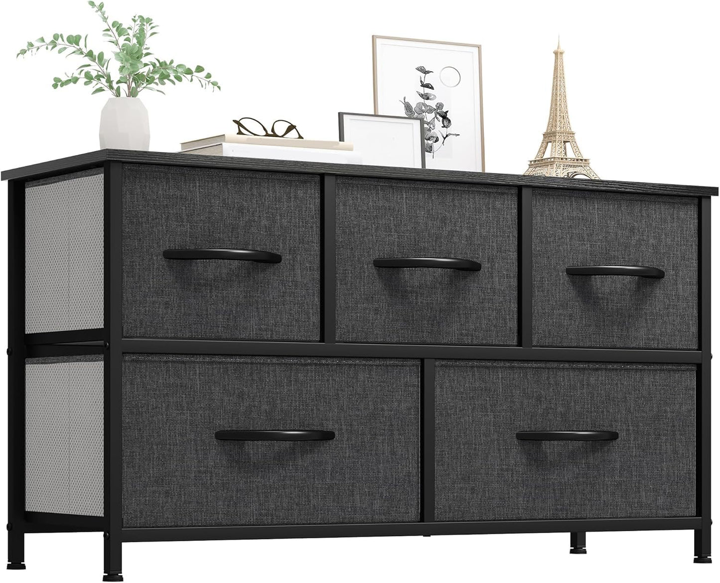 YITAHOME Wide Chest of Drawers, Dresser with 5 Drawers, Oak Greige Fabric Storage Tower, Dresser for Room with 5 Drawers, Living Room, Closets - Sturdy Steel Frame, Wooden Top