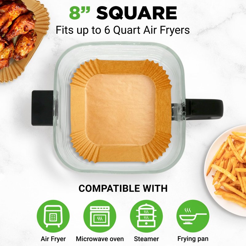 NutriChef 50-pcs Air Fryer Paper Liners - Square Disposable Parchment Liner | Non-Stick, Oilproof & Waterproof | Fits 5.8 QT Glass Pot | Airfryer Liners for Air Fryers, Ovens, Grilling & Baking