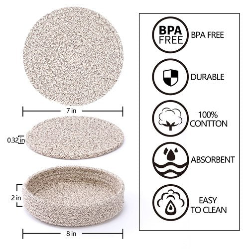 Coga Trivets for Hot Dishes, Trivets for Hot Pots and Pans, 7 Inchs Hot Pads 4 Pcs and Storage Basket for Countertops, Pot Holders for Kitchen, Cotton Table Protector Hot Mats Heat Resistant (Brown)