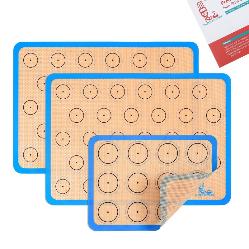 Silicone Macaron Baking Mat Half Sheet - Set of 3 (2 Half Sheet and 1 Quarter Sheet), Non Stick Silicon Oven Liner For Macaroons and Cookies, By Folksy Super Kitchen (16.5x11.6, Blue)