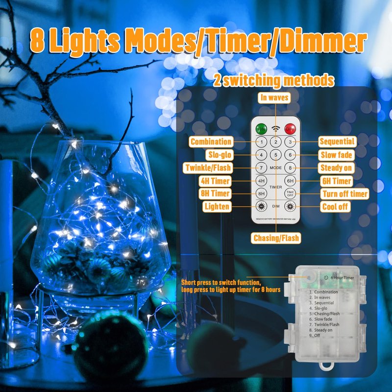LAMPHOME 100 LED 33FT Blue and White Fairy Lights Battery Operated with Remote, Mini Starry String Lights Multi Functions & Timer,Twinkle for Christmas Home Bedroom Wedding DIY Centerpiece Decor