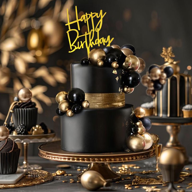 75 PCS Black and Gold Cake Decorations Balls Happy Birthday Insert Cards for DIY Cake Decoration Baby Shower Wedding Birthday Party