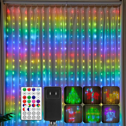 Smart Curtain Lights, 900 LEDs App Controlled DIY Fairy Lights Pattern and Text Programmable, Music Sync with Remote, Waterproof, for Indoor Valentine's Day Christmas Decoration, RGB Color Changing